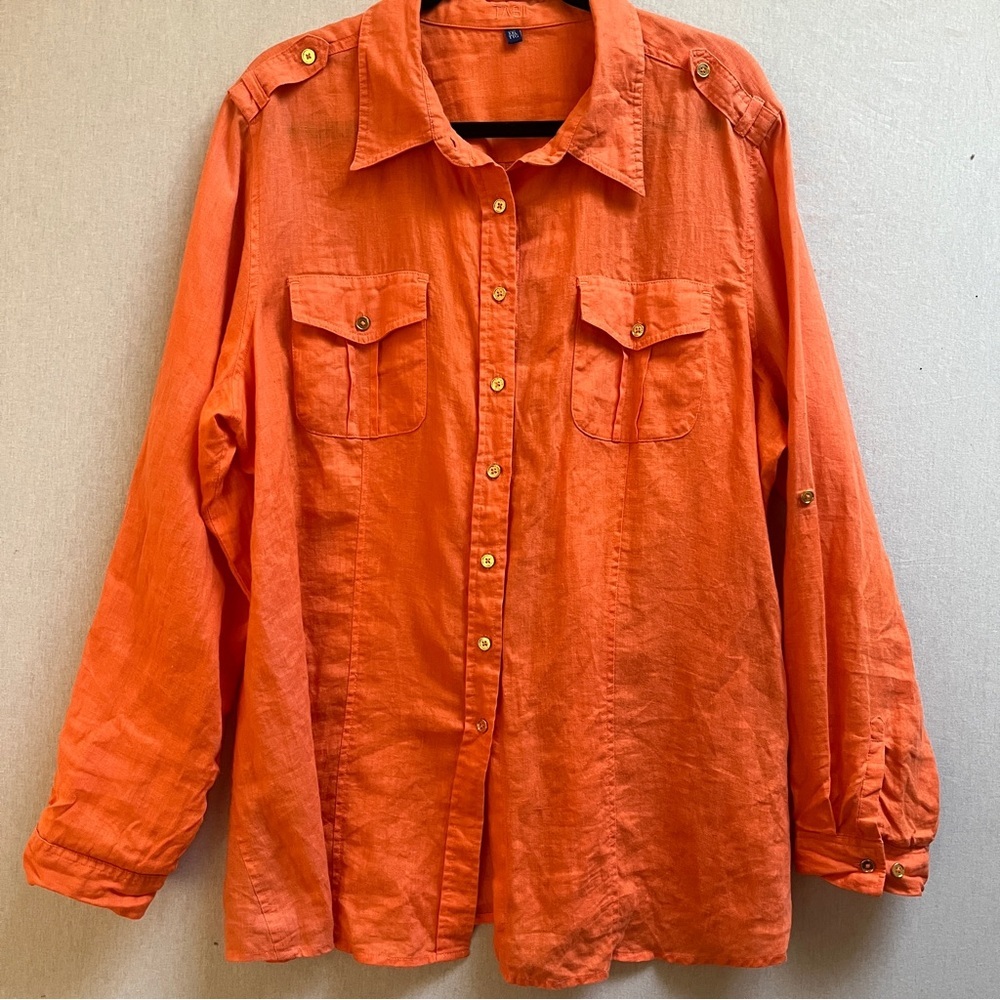 TABI 100% Linen Orange Button Up Shirt Size XL